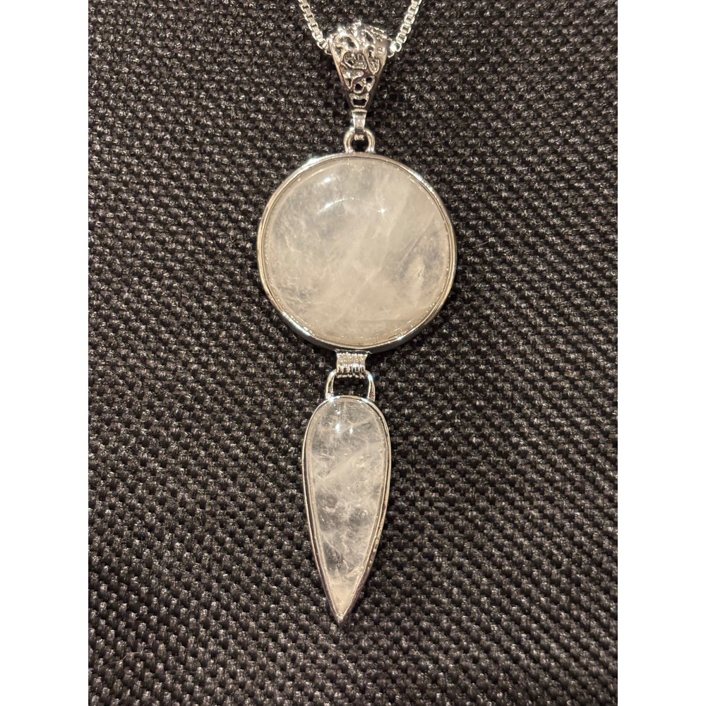 Rose Quartz Stainless Steel Pendant Necklace Silver Tone Box Chain Two Tier